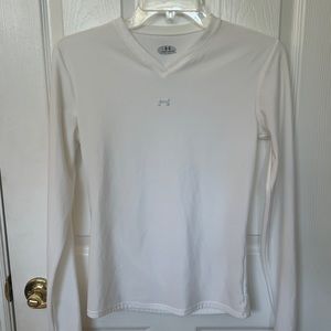 Under Armour White Athletic Long Sleeve V-neck Shirt Womens Size L